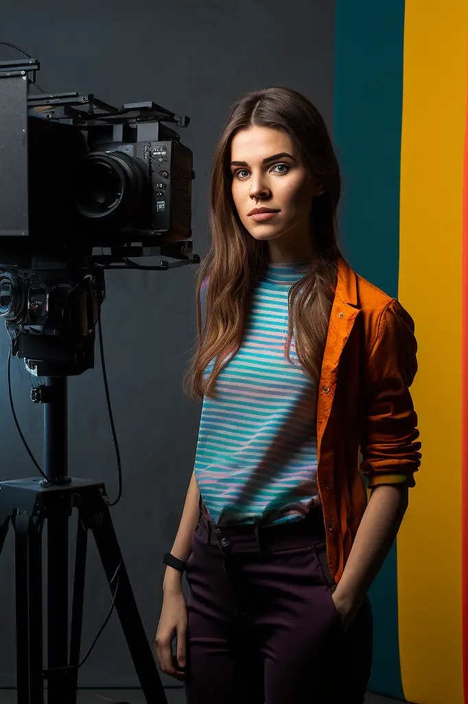 a woman standing in front of a camera